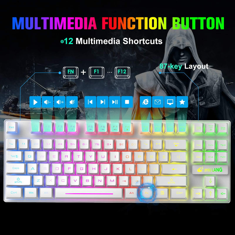 RGB Wireless Gaming Keyboard and Mouse, 87 Key Rainbow LED Backlit 2.4G Rechargeable 3800mAh Battery Mechanical Feel Gaming Keyboard + LED Gaming Wireless Mouse + Mouse Pad, for Gamer or Office, White