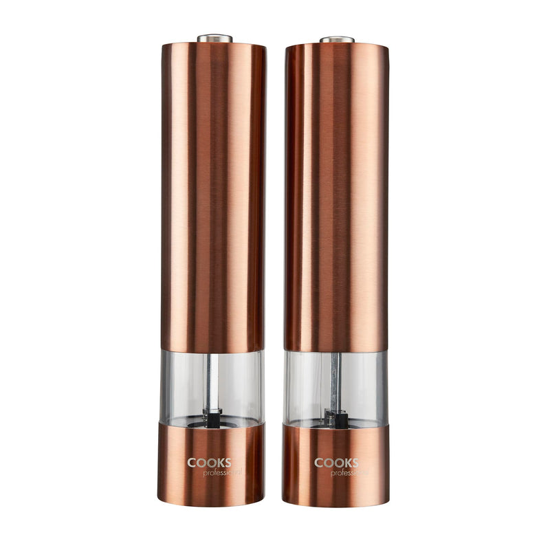 Cooks Professional Electric Automatic Salt and Pepper Mill Set | Bamboo Stand | Battery Operated Grinders | Adjustable Grinding | Condiment Grinder for Kitchen Accessories | Copper/Bamboo