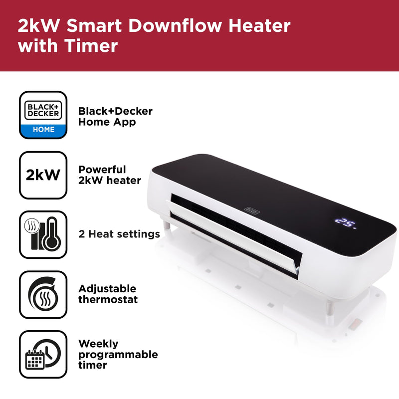 BLACK+DECKER BXSH37025GB 2KW Smart Downflow Heater, 2 Heat Settings, 1 Fan Setting, Adjustable Thermostat, Open Window Detection, Weekly Timer, White