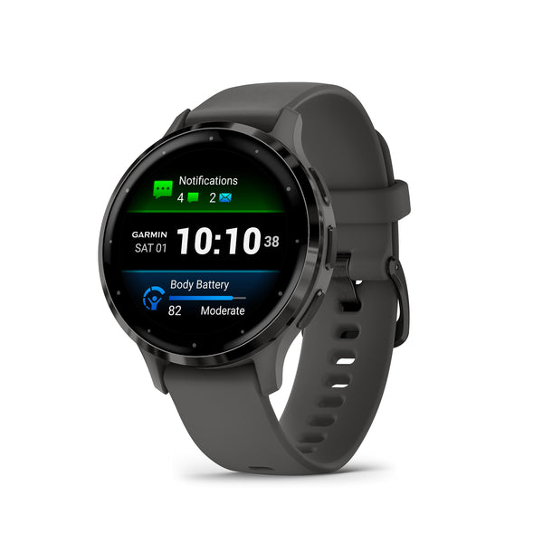 Garmin Venu 3S AMOLED GPS smaller sized Smartwatch with All-day Health Monitoring and Voice Functionality, Slate stainless steel bezel with pebble grey case and silicone band