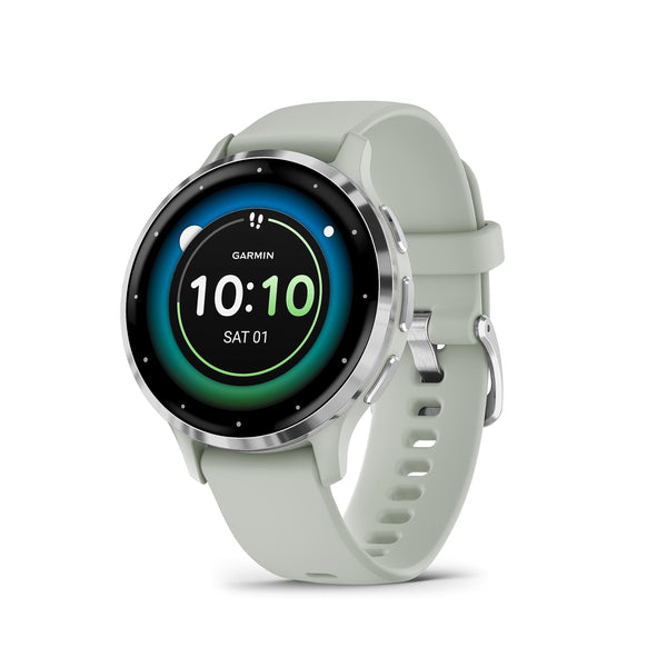 Garmin Venu 3S AMOLED GPS smaller sized Smartwatch with All-day Health Monitoring and Voice Functionality, Silver stainless steel bezel with sage grey case and silicone band