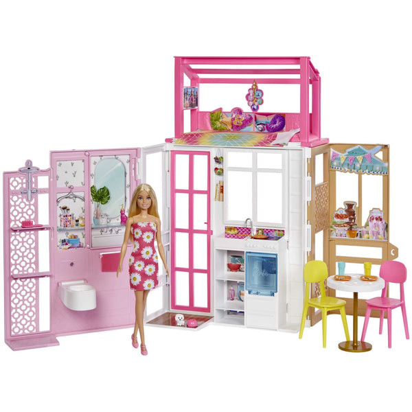 Barbie Dollhouse Playset with Barbie Doll & House with 2 Levels & 4 Play Areas, Fully Furnished, with Pet Puppy & Accessories, Gift for Kids 3 Years Old and Up, HHY40