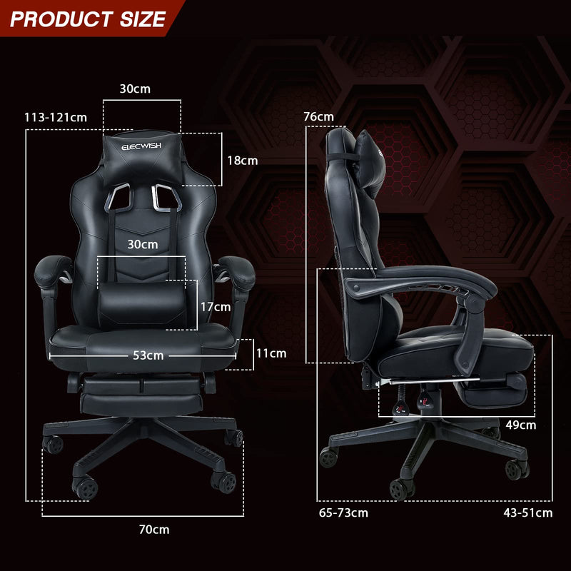 Fullwatt Racing Gaming Chair for adults with Footrest and Lumbar Pillow, Swivel Height Adjustable Reclining PU Leather Video Game Chair, Ergonomic E-Sports Gaming Chair Big and Tall(Black)