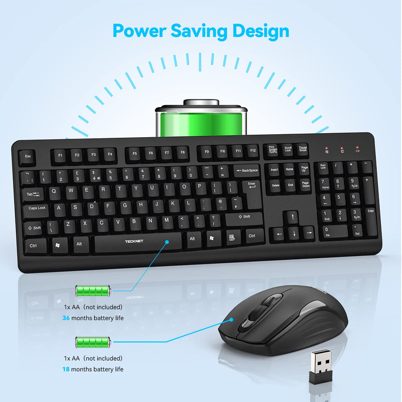 TECKNET Wireless Keyboard and Mouse Set, Ergonomic 2.4G Cordless Keyboard & Mouse Combo Silent, Full-Size Keyboard, Spill-Resistant with Nano USB Receiver for PC, Laptop, Computer - QWERTY, UK Layout