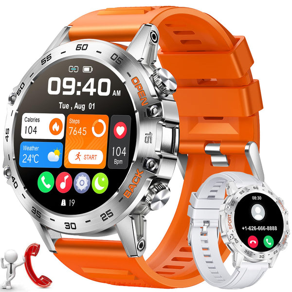 Men's Smart Watch Bluetooth Answer/Make Call for Android iOS Phone 400 mAh 1.39" Outdoor Sport Activity Fitness Tracker 2 Watch Straps Male Music Smartwatch,Heart Rate Sleep Health Monitor (Orange)