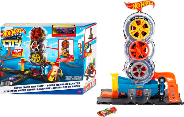 Hot Wheels City Super Twist Tire Shop Playset, Spin the Key to Make Cars Travel Through the Tires, Includes 1 Hot Wheels Car, Gift for Kids 4 to 8 Years Old, HDP02