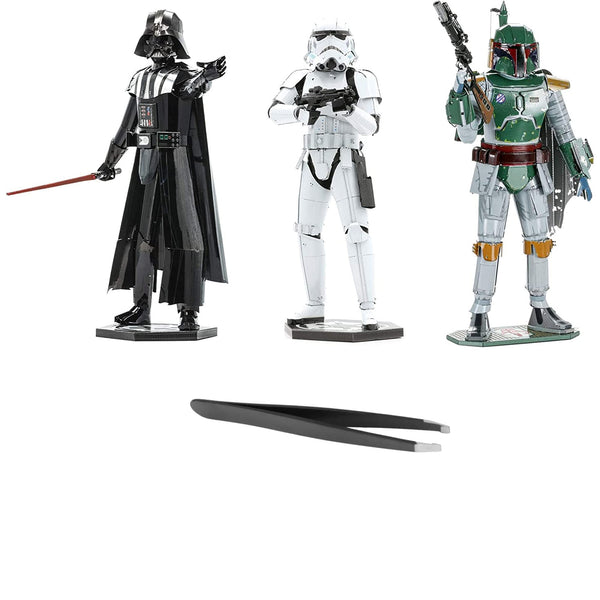 Metal Earth Premium Series 3D Metal Model Kits Star Wars Set of 3 - Darth Vader - Stormtrooper - Boba Fett Bundle with Tweezers