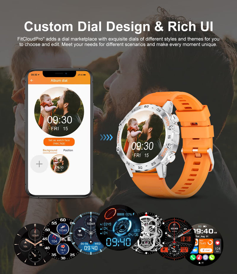 Men's Smart Watch Bluetooth Answer/Make Call for Android iOS Phone 400 mAh 1.39" Outdoor Sport Activity Fitness Tracker 2 Watch Straps Male Music Smartwatch,Heart Rate Sleep Health Monitor (Orange)