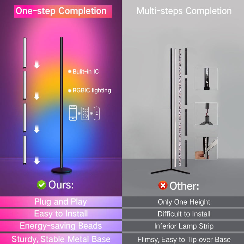 OUTON LED Corner Floor Lamp, 165cm Dimmable Modern RGB Color Changing Smart Lamp with Remote & APP Control, 16 Million DIY Colors, Music Sync, Standing Lamp Mood Light for Living Room Bedroom Gaming