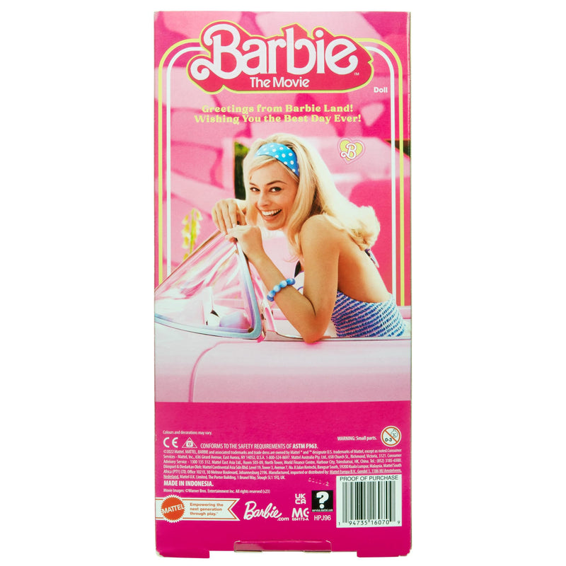 Barbie The Movie Doll, Margot Robbie Barbie Doll with Pink and White Gingham Dress and Daisy Chain Necklace, Toys for Ages 3 and Up, One Barbie Doll, HPJ96