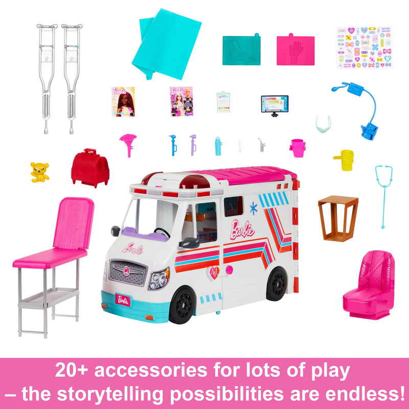 Barbie Ambulance and Hospital Playset, Emergency Vehicle with Lights and Sounds Transforms into Care Clinic, 20 Doll Accessories, Toys for Ages 3 and Up, One Barbie Vehicle, HKT79