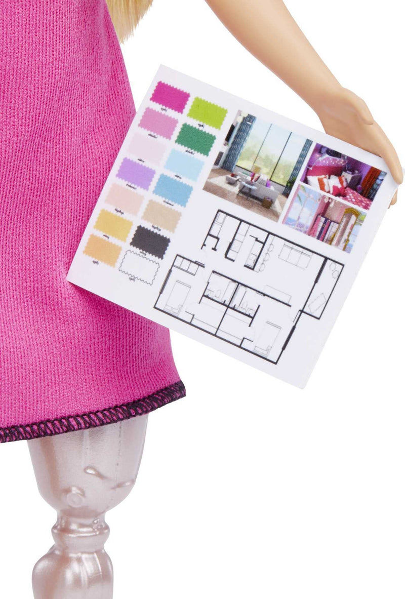 Barbie Interior Designer Doll, Blonde, Pink Dress & Houndstooth Jacket, Prosthetic Leg, Tablet & Design Sheet, Great Gift for Ages 3 Years Old & Up