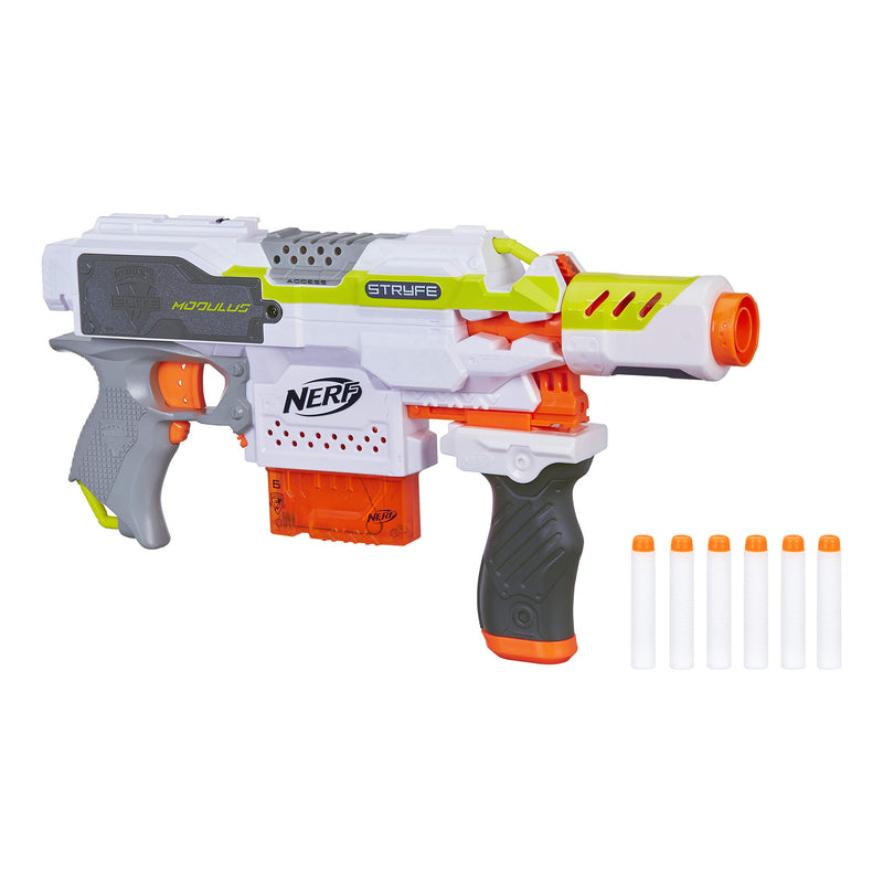 Nerf Stryfe Modulus Motorized Toy Blaster with Drop Grip, Barrel Extension, 6-Dart Clip, 6 Official Nerf Darts For Kids, Teens, and Adults