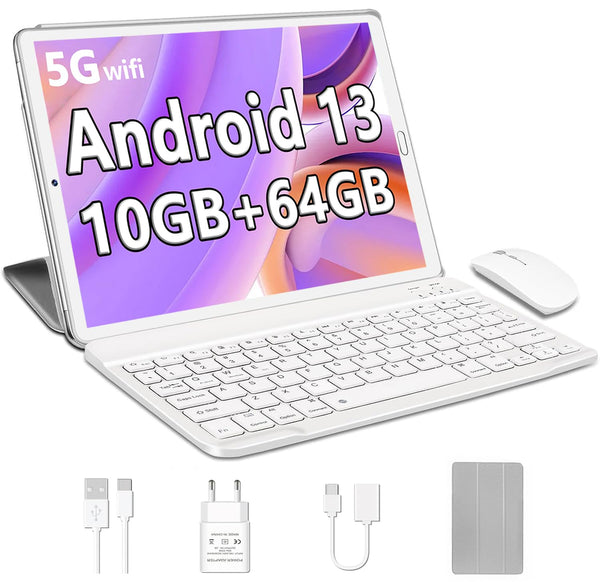 𝟮𝟬𝟮𝟰 𝐋𝐚𝐭𝐞𝐬𝐭 Tablets 10 Inch Android 13 with 10GB RAM + 64GB ROM (Expand to 1TB), GPS, 5G Wi-Fi, 8 Core CPU, 5MP + 8MP, Bluetooth 5.0, USB-C Tablet with Keyboard + Mouse + Case, Silver