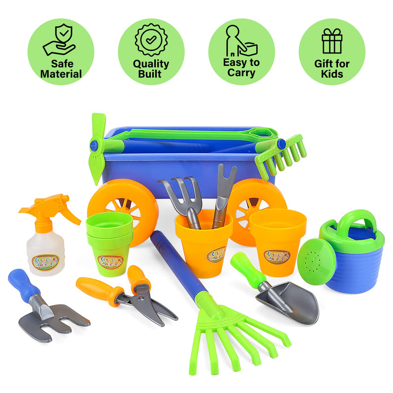 deAO Pull along Kids Wagon Wheelbarrow and Gardening Tools Play Set Includes 10 Accessories and 4 Plant Pots