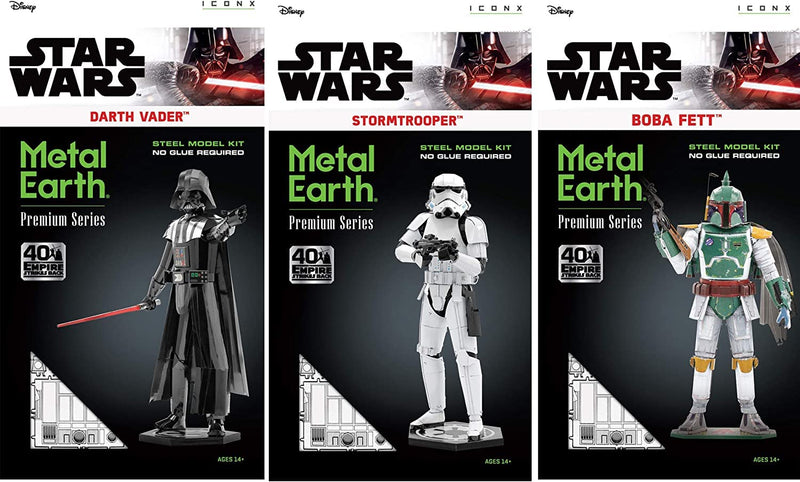Metal Earth Premium Series 3D Metal Model Kits Star Wars Set of 3 - Darth Vader - Stormtrooper - Boba Fett Bundle with Tweezers
