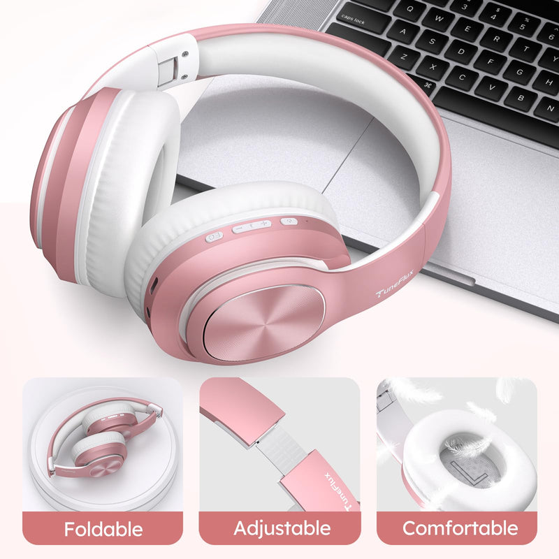 TuneFlux Wireless Bluetooth Headphones Over Ear, 80H Playtime, 3EQ Sound Modes, HiFi Stereo Headphones with Deep Bass Microphone, Foldable Bluetooth 5.3 Headphones-Rose Gold