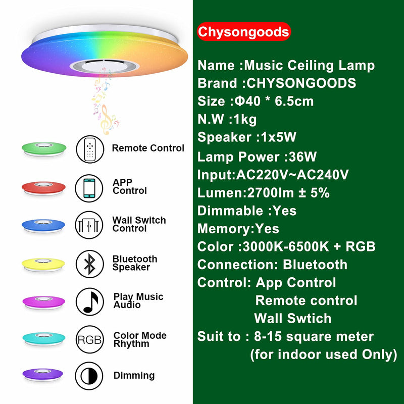 CHYSONGOODS 36W 40cm/15.7 Inch Circle Bluetooth Speaker LED Ceiling Light App Remote Control Color Change Dimmable Bedroom Lamp for Living Room Kitchen Bathroom Dining Modern Smart RGB Indoor Lighting