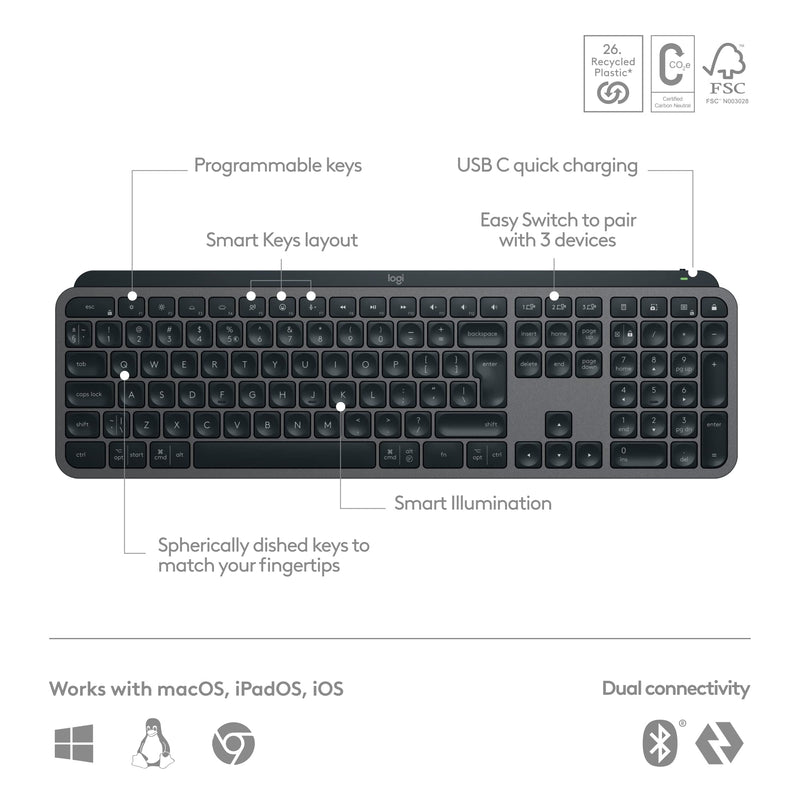 Logitech MX Keys S Wireless Keyboard, Low Profile, Fluid Quiet Typing, Programmable , Backlighting, Bluetooth, USB C Rechargeable, for Windows PC, Linux, Chrome, Mac, QWERTY UK English - Graphite