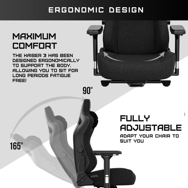 Anda Seat Kaiser 3 Large Gaming Chairs - Ergonomic Grey Fabric Gaming Chair for Adults, Reclining Office and Gaming Seat, Gamer Chair with Magnetic Neck Pillow & Lumbar Support