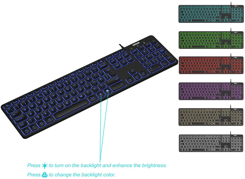 Arteck USB Wired Keyboard Universal Backlit 7-Colors & Adjustable Brightness Full Size Keyboard with 1.8M Wire, Numeric Keypad and Media Hotkey for Computer Desktop PC Laptop and Windows 11 10 8 7