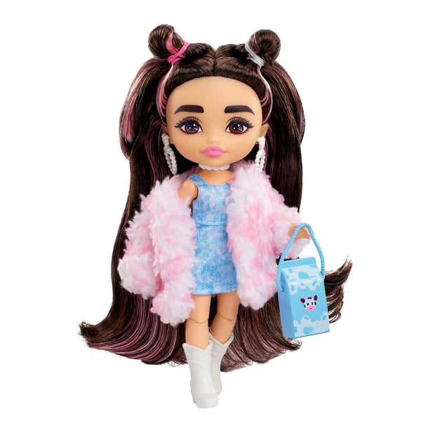 Barbie Doll, Barbie Extra Minis Doll with Brunette Hair, Kids Toys and Gifts, Denim Dress with Faux Fur Coat, Small Doll, Clothes and Accessories, HKP90