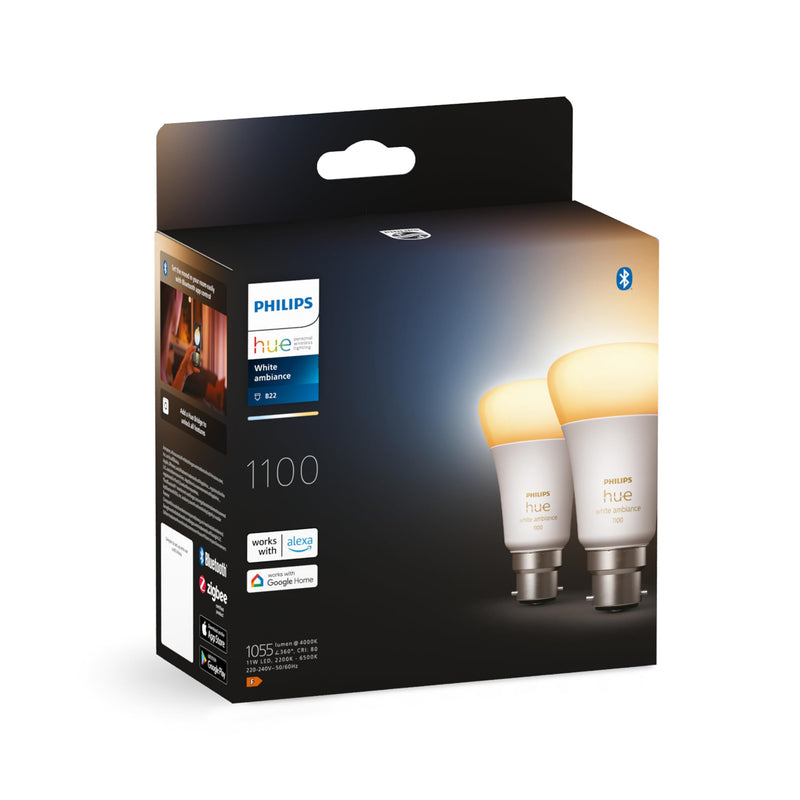 Philips Hue White Ambiance Smart Bulb Twin Pack LED [B22 Bayonet Cap] - 1100 Lumens (75W equivalent). Works with Alexa, Google Assistant and Apple Homekit