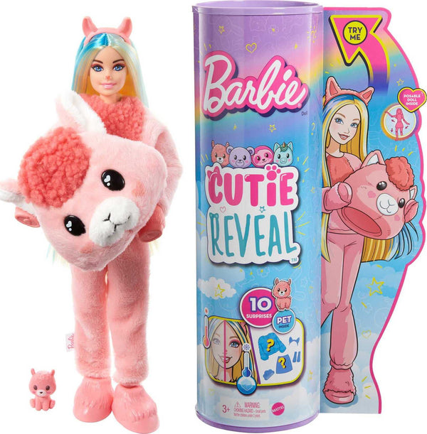 Barbie Doll, Cutie Reveal Llama Plush Costume Doll with 10 Surprises, Mini Pet, Color Change and Accessories, Fantasy Series, HJL60