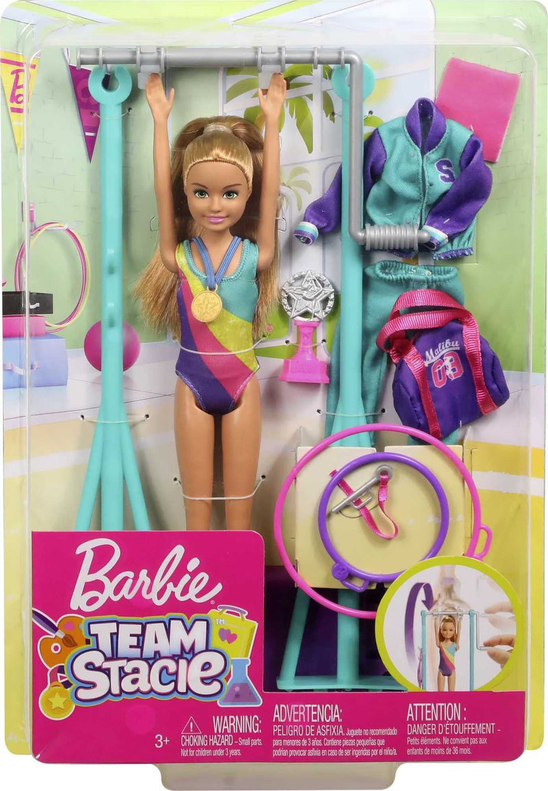 Barbie GBK59 Team Stacie Doll and Gymnastics Playset with Spinning Bar and 7 Themed Accessories, Multicoloured