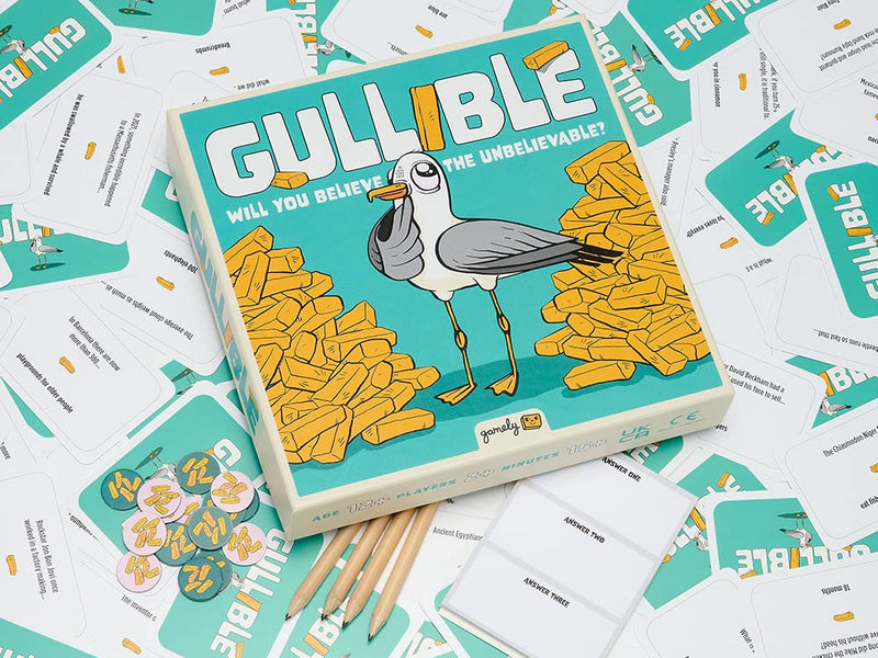 Gullible: The hilarious team game of creativity, bluffing and astonishing facts. Will you fool your family and friends or believe the unbelievable?