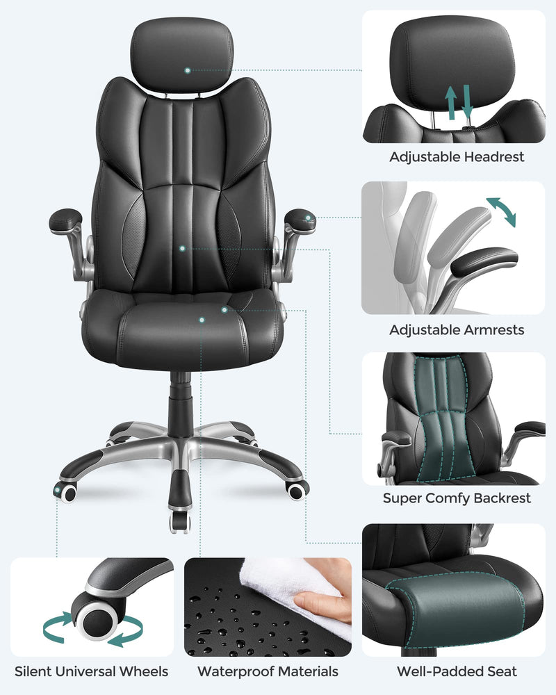 SONGMICS Office Chair, Ergonomic Gaming Chair, Adjustable Headrest, Tilt Function, Foldable Armrests, Swivel Castors, Adjustable Height, E-sports Chair, Ink Black OBG65BKUK