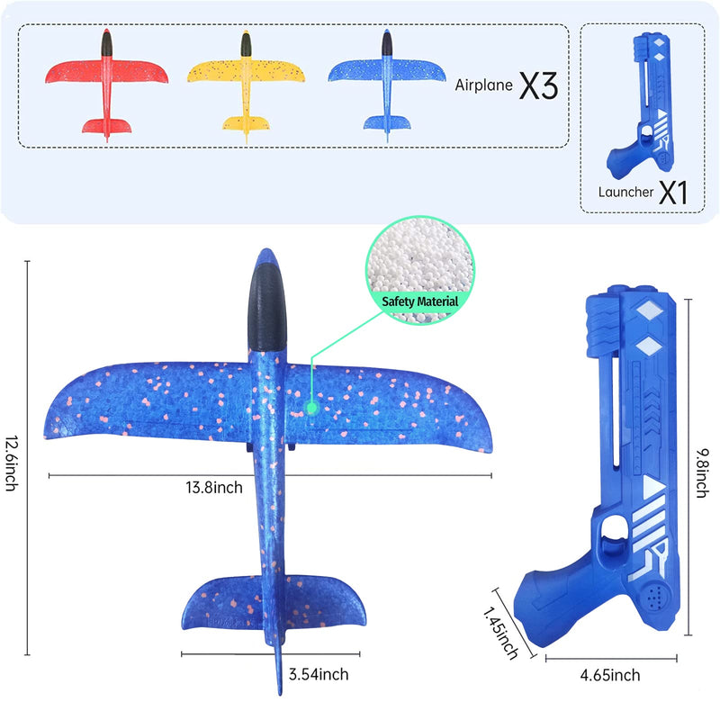 YQLMTL Airplane Launcher Toys Set, Foam Airplane Launcher Toys, Launcher and 3 Foam Airplanes, Fun Outdoor Toys Shooting Game, Gifts for Children, Family and Friends (Blue Launcher)