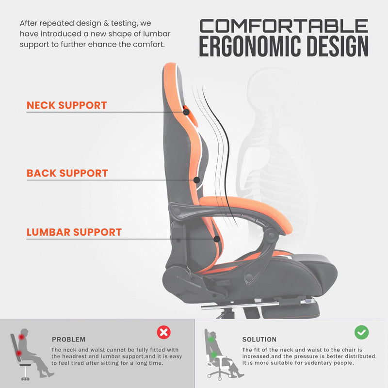 CUBICOD Gaming Chair With Footrest, Computer Ergonomic Video Game Chair, Backrest, Seat Height Adjustable, Lumbar Support, Massage, Swivel Task Chair for Adults (Model Quantum, Black - Orange)