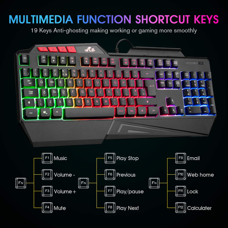 Rii RK202 Gaming Keyboard,LED Rainbow Backlit Light up Keyboard With Membrane Keys,Spill-Resistant,for PC Computer,Laptop,Windows,Gamer,Xbox one,PS4,PS5-UK Layout