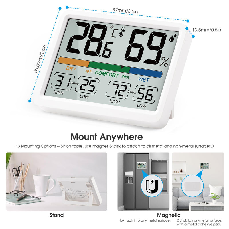 Humidity and Temperature Monitor - AIMILAR Digital Indoor Thermometer with High Low History, ℉ / ℃ Selectable, Easy to Use, Calibrate-able, Magnetic Option and Clear Display