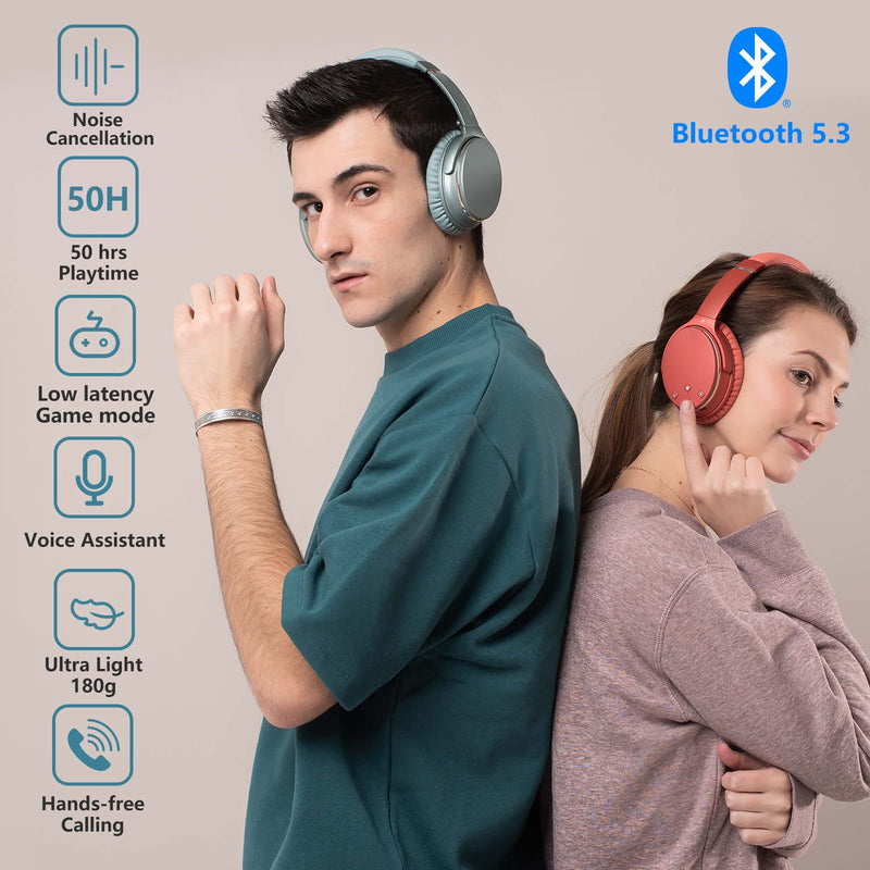 Srhythm NC25 Active Noise Cancelling Headphones Bluetooth 5.3 Wireless, 50H Playtime Quick Charge Over Ear Headset with Mic, Low Latency Mode, Connect to 2 Devices, Super Lightweight