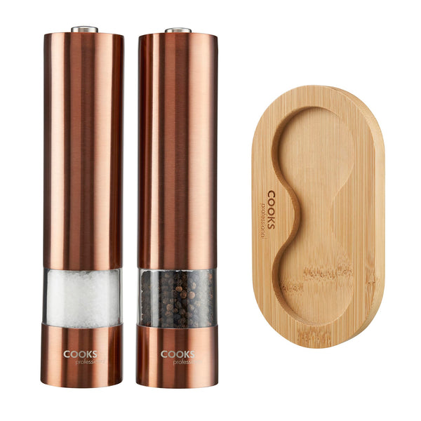 Cooks Professional Electric Automatic Salt and Pepper Mill Set | Bamboo Stand | Battery Operated Grinders | Adjustable Grinding | Condiment Grinder for Kitchen Accessories | Copper/Bamboo