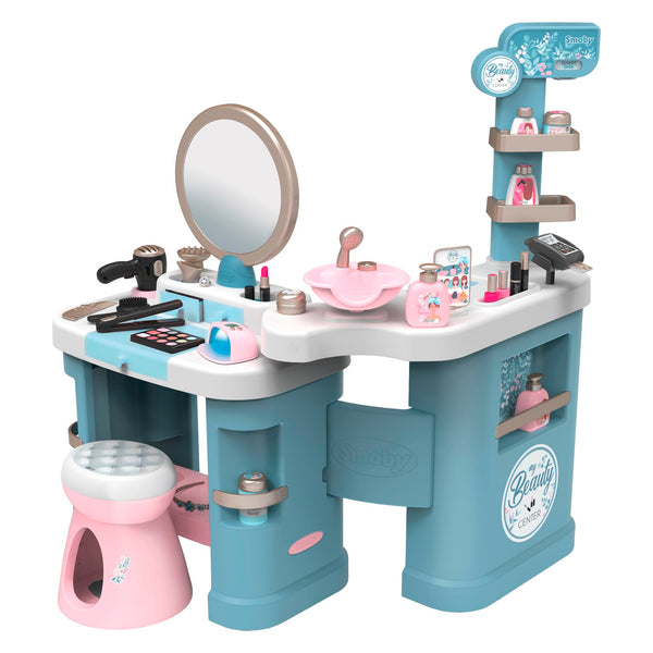 Smoby My Beauty Pretend Play Roleplay Salon with Stool and Mirror, Vanity Station with Lights and Sounds Includes 32 Accessories and Foldable For Storage, For Children From 3+