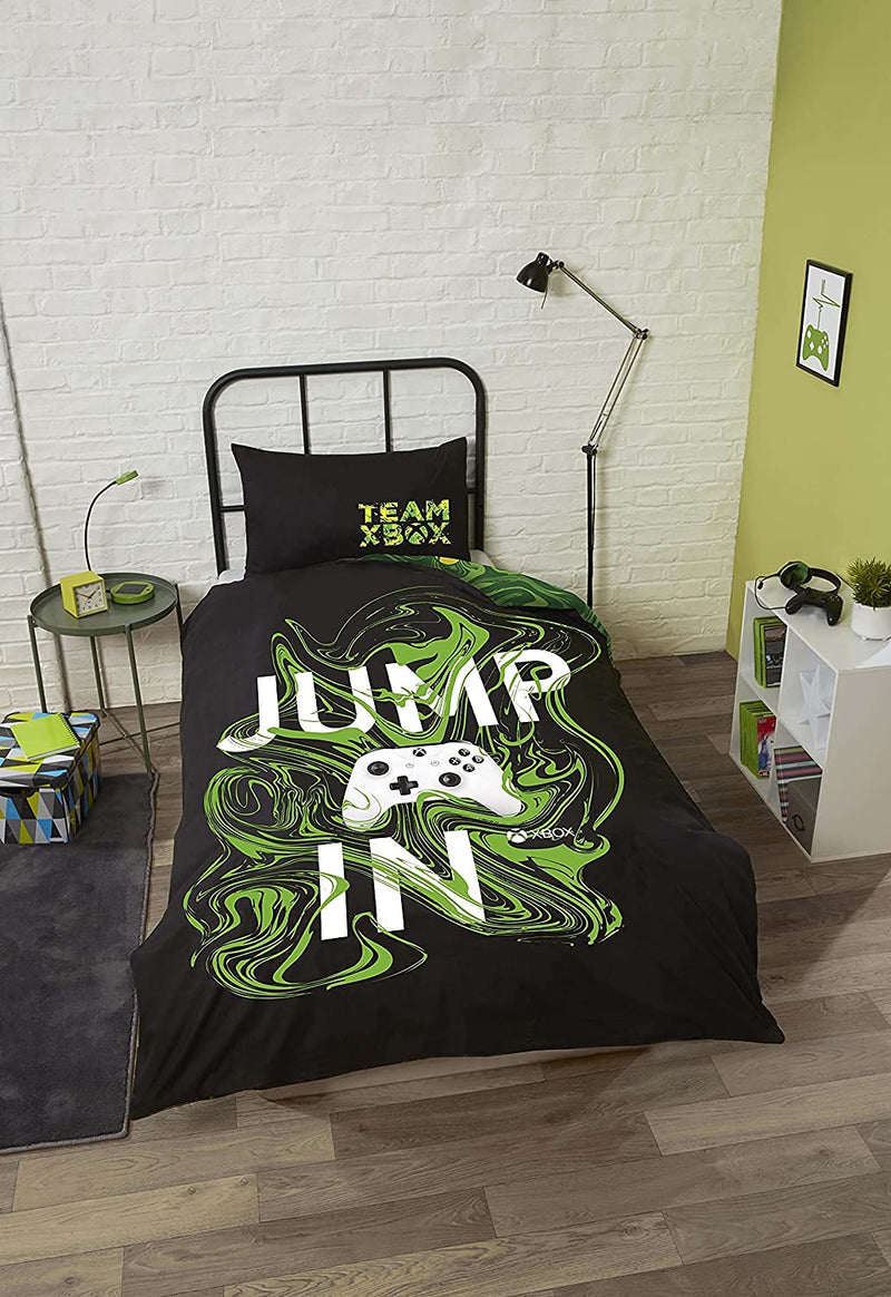 CnA Stores Xbox Single Duvet Cover Set Reversible Black & Green Gamers Bedding With Pillowcase