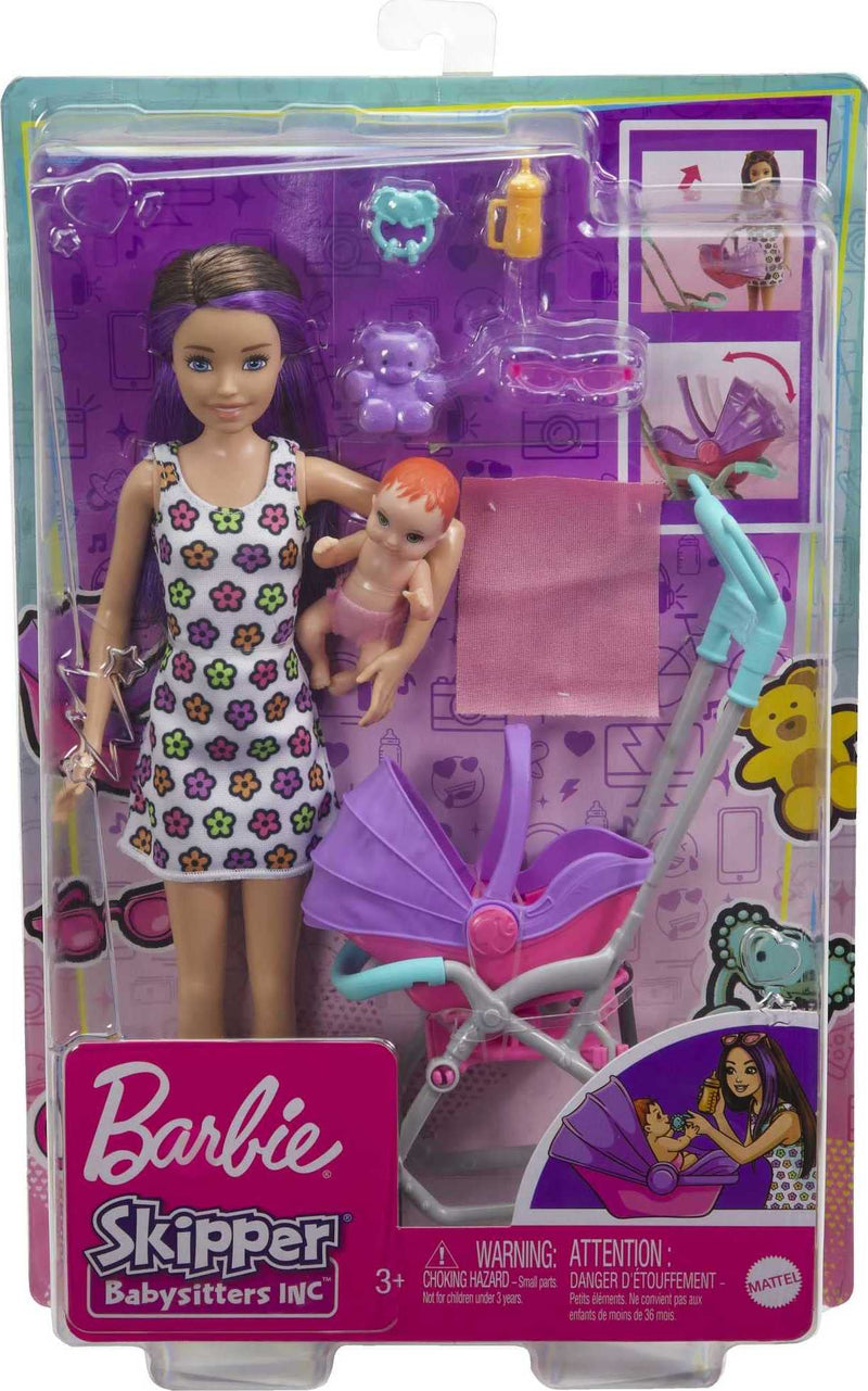 Barbie Skipper Babysitters Inc. Playset with Skipper Babysitter Doll (Brunette), Stroller, Baby Doll & 5 Accessories, Toy for 3 Year Olds & Up, GXT34