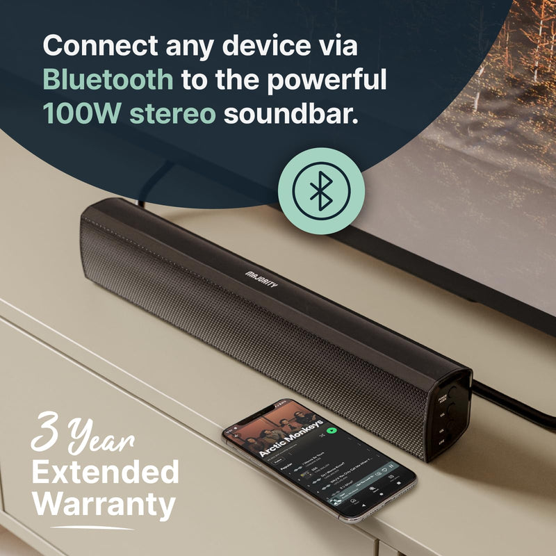 MAJORITY Bowfell Plus | Bluetooth Soundbar with Subwoofer | 100 Watt 2.1 Speaker Sound Bar for TV | Optical, RCA, USB, MP3, AUX Input | Custom EQ Settings & Remote Control Included