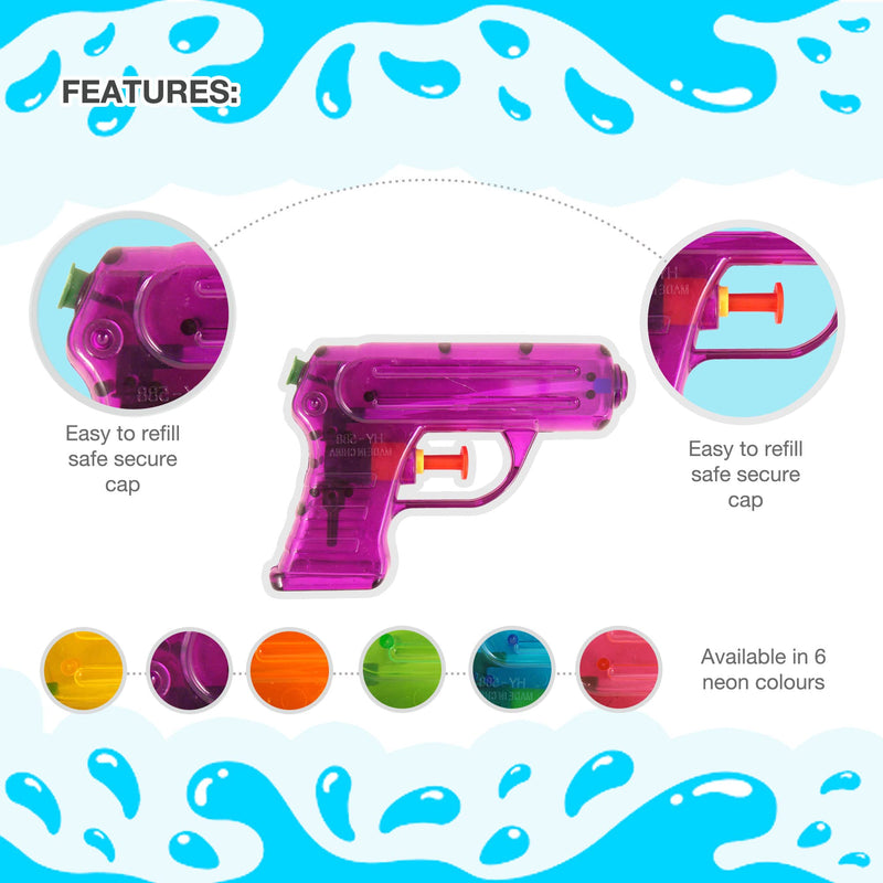 2 Neon Water Pistols, Water Guns Available in 6 Bright Colours, Compact Mini Squirt Toy Ideal for Outdoor Play, Bath-Time Fun, Party Bags and Encouraging Imaginative Play