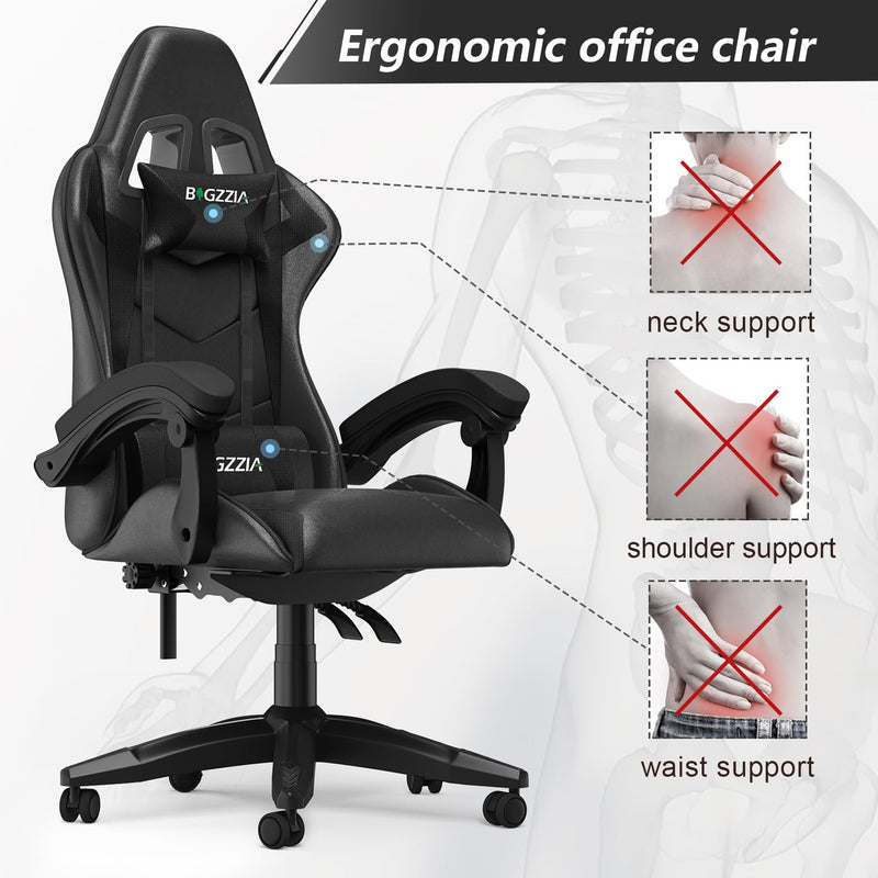 bigzzia Gaming Chair Office Chair Desk Chair Swivel Heavy Duty Chair Ergonomic Design with Cushion and Reclining Back Support (Black)