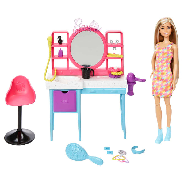 Barbie Doll and Hair Salon Playset, Long Color-Change Hair, Houndstooth-Print Dress, 15 Styling Accessories, HKV00