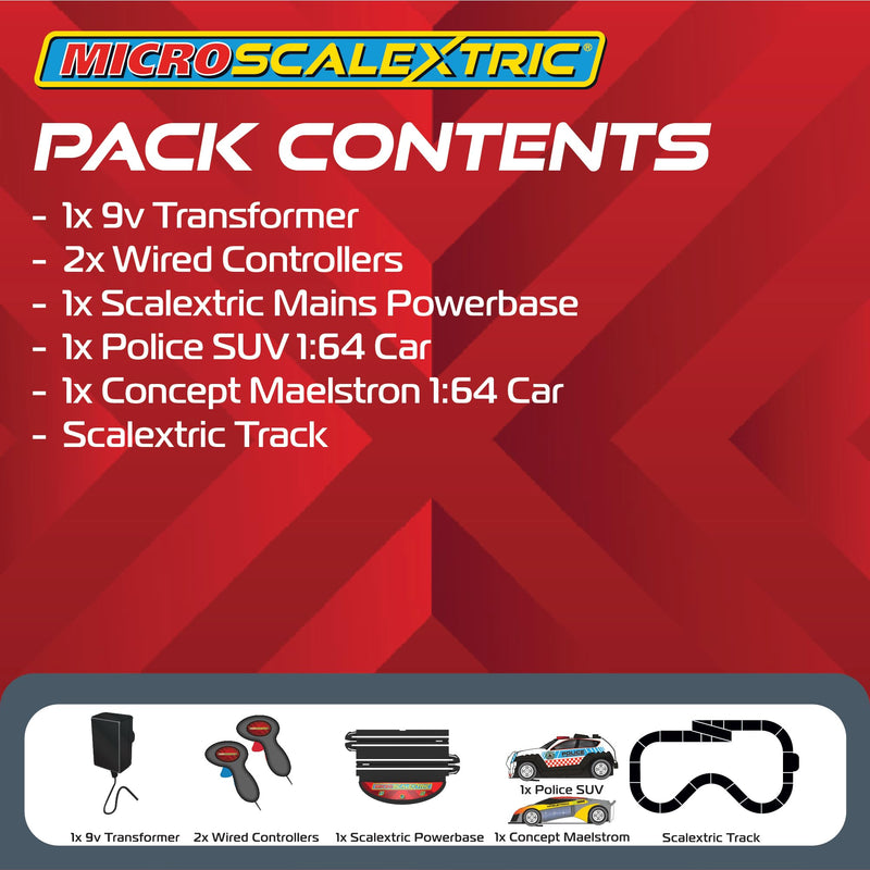 Micro Scalextric Sets for Kids Age 4+ - Law Enforcer Race Set - Mains Powered Electric Racing Track Set, Slot Car Race Tracks - Includes: 2x Cars, 1x Track Set, 1x Mains Powerbase & 2x Controllers