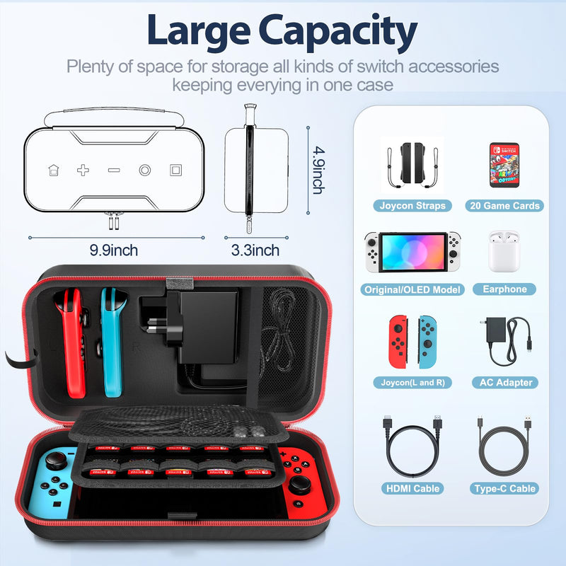 Switch OLED Carrying Case Compatible with Nintendo Switch/OLED Model, Portable Switch Travel Carry Case Fit for Joy-Con and Adapter, Hard Shell Protective Switch Pouch Case with 20 Games, Red