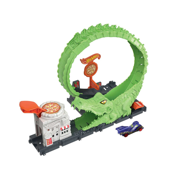 Hot Wheels Track Set with 1 Hot Wheels Car, Adjustable Track that Connects to Other Sets, Gator Loop Pizza Place Playset, HKX39