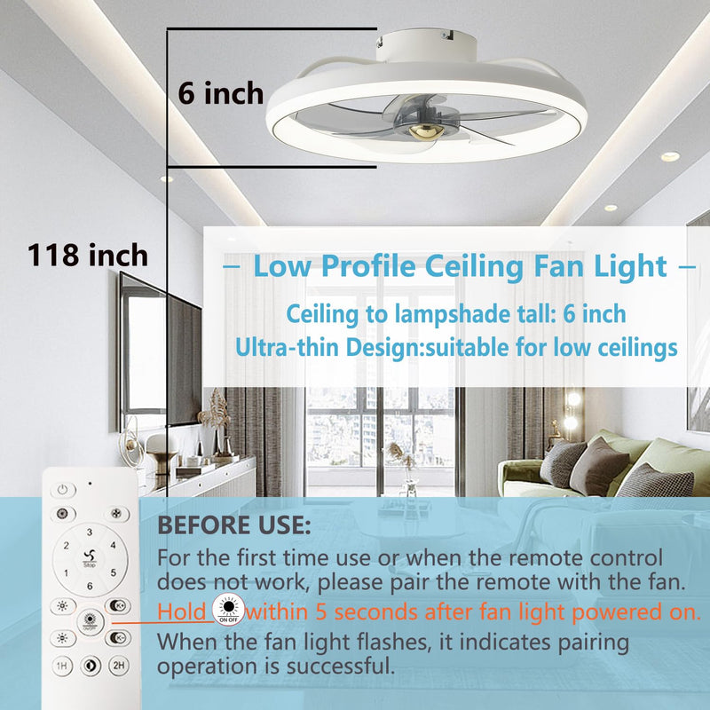 LMiSQ Modern Ceiling Fans with Lights Reversible Fan with Remote 50cm Smart Ceiling Fan Lighting Timing 6 Speeds Low Profile Ceiling Fan with Light Dimmable LED Fan Light Flush Mount for Bedroom