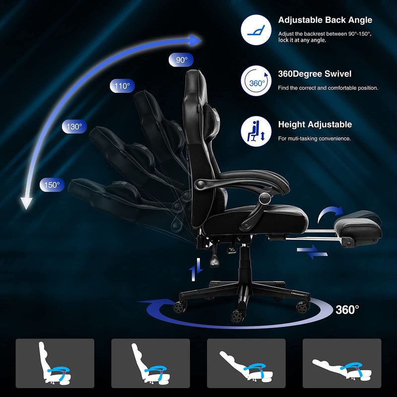 Fullwatt Racing Gaming Chair for adults with Footrest and Lumbar Pillow, Swivel Height Adjustable Reclining PU Leather Video Game Chair, Ergonomic E-Sports Gaming Chair Big and Tall(Black)