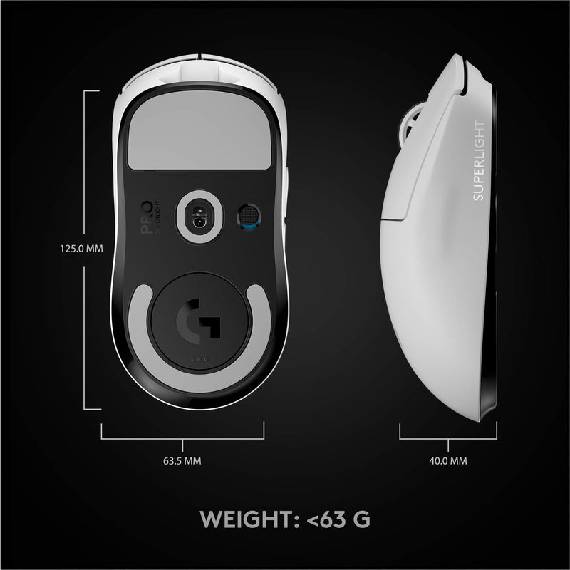 Logitech G PRO X SUPERLIGHT Wireless Gaming Mouse, HERO 25K Sensor, Ultra-light with 63g, 5 Programmable Buttons, 70 hours Battery Life, Zero Additive PTFE Feet, PC/Mac - White